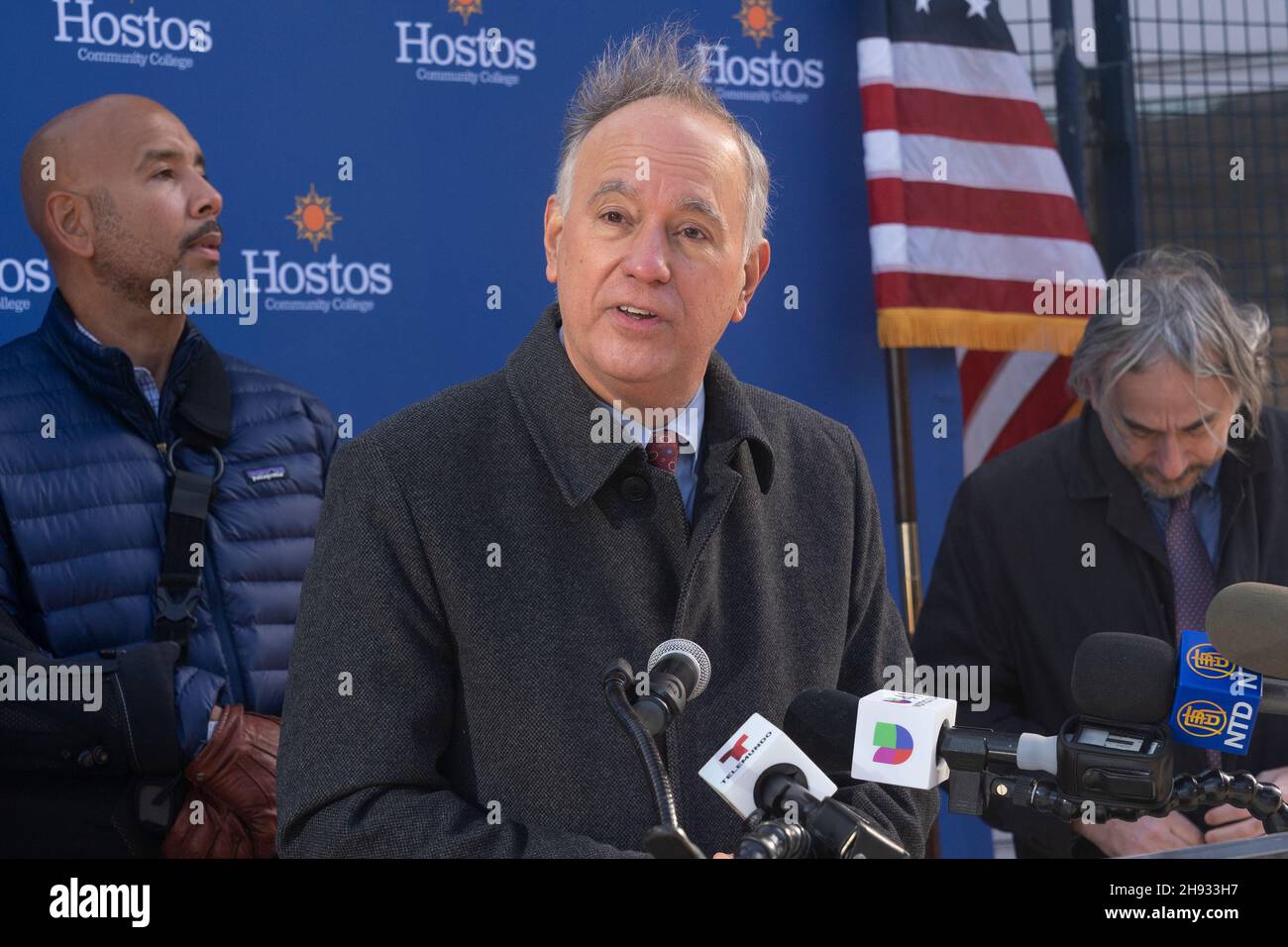 Felix Matos Rodriguez speaks during U.S. Senator Kirsten Gillibrand announcement of her legislation Enhance Access to SNAP in front of Hostos Community College in New York on December 3, 2021. Legislation would expand Supplemental Nutrition Assistance Program (SNAP) benefit eligibility to all college students attending 2 and 4-year universities part-time or more who meet traditional SNAP income and other eligibility requirements. Senator was joined by CUNY Chancellor Felix Matos Rodriguez, Bronx Borough President Ruben Diaz Jr., Assembly Member Amanda Septimo, Hostos Community College Presiden Stock Photo