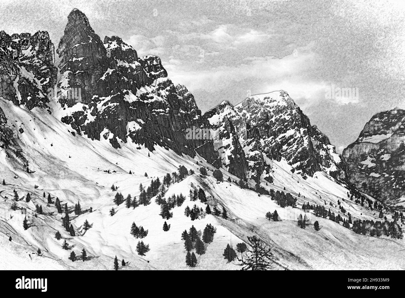 Illustration with charcoal technique of of dolomite peaks in winter conditions Stock Photo