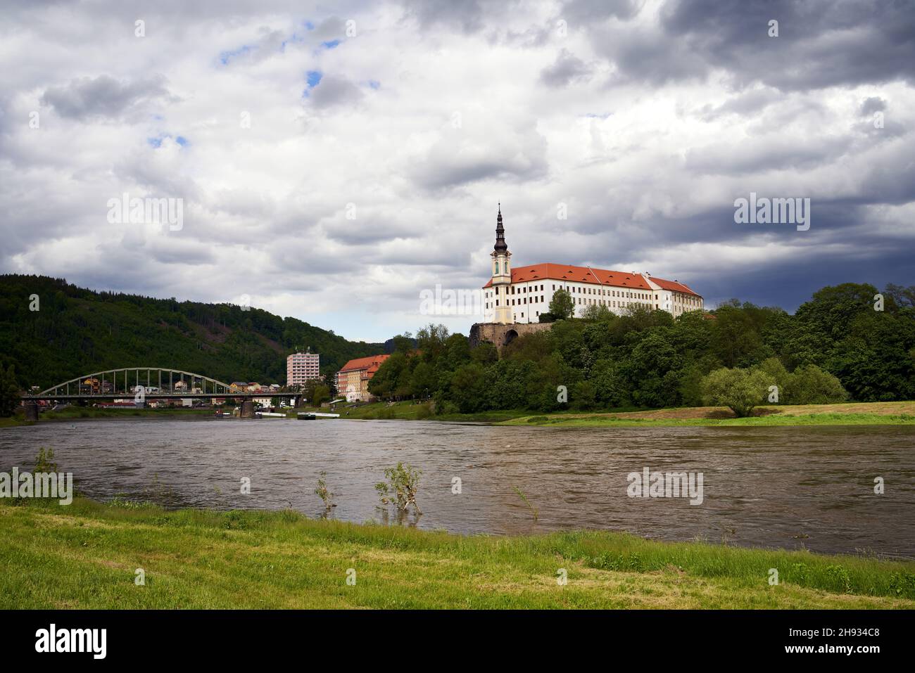 DECIN, CZECH REPUBLIC - MAY 22, 2021: Castle and the Elbe river Stock Photo