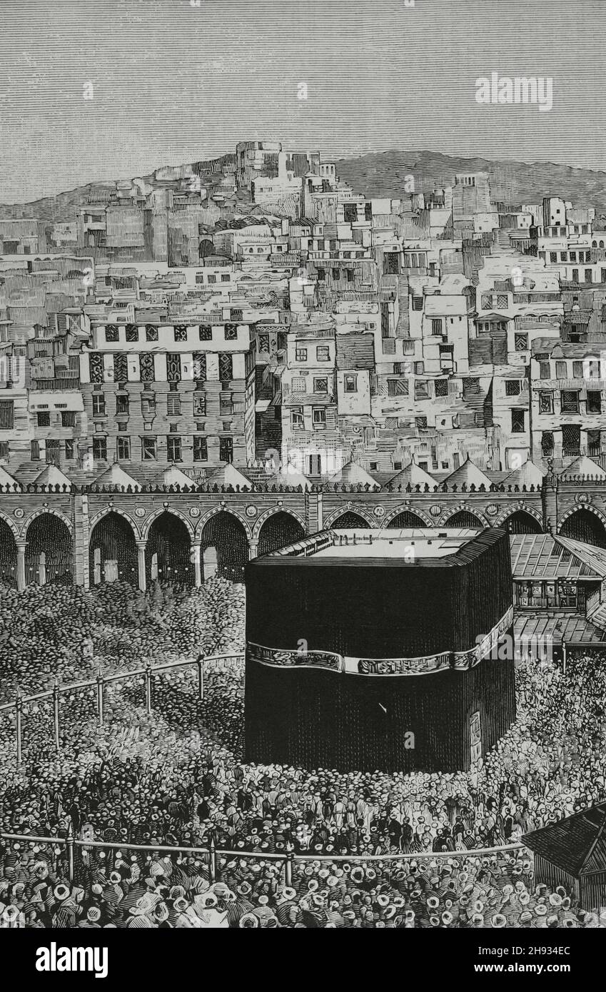 Saudi Arabia, Mecca. General view of the city. In the centre of al-Masjid al-Haram Mosque, the Kaaba, which houses the 'Black Stone. Engraving. Detail. La Ilustración Española y Americana, 1882. Stock Photo