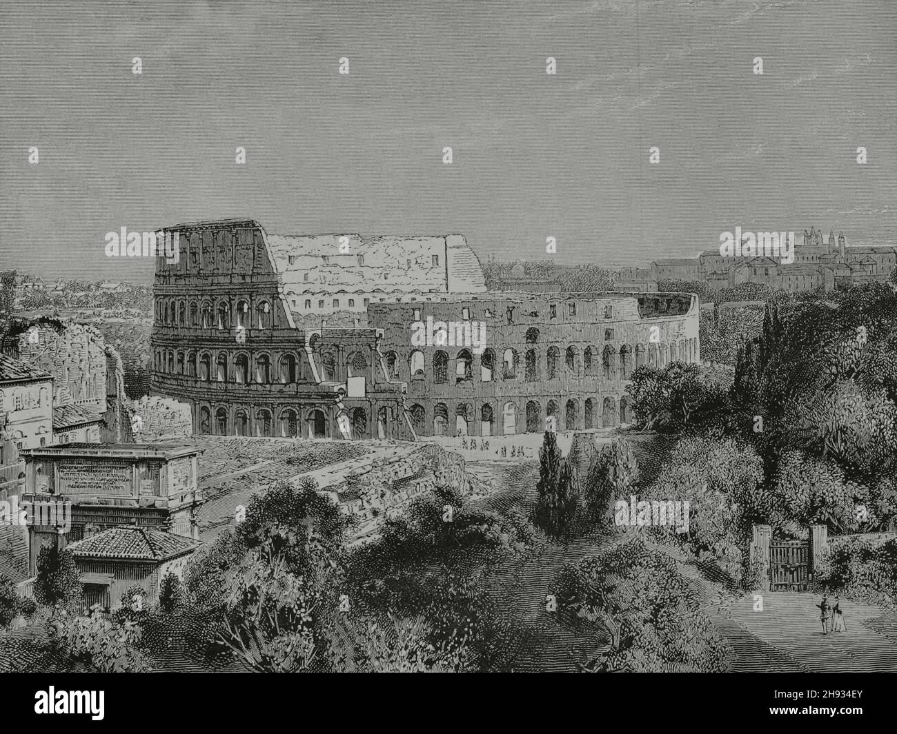 Italy, Rome. Ruins of the Colosseum or Flavian Amphitheater, 1st century AD. Engraving. La Ilustración Española y Americana, 1882. Stock Photo