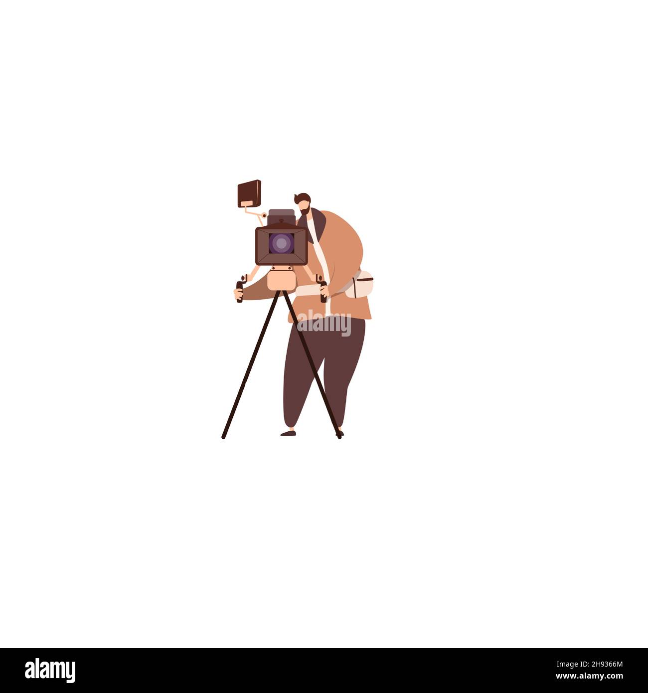 Cameraman with professional equipment of camera and screen. Movie operator shoot. Film-maker at work, video production backstage. Vector illustration. Stock Vector