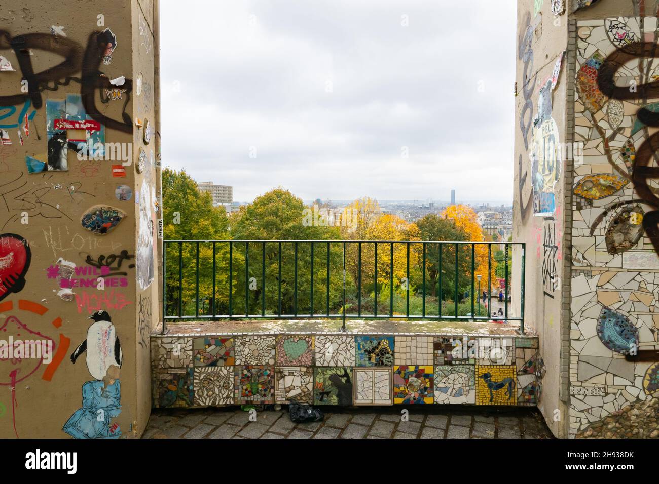 Paris, France - November 14th 2021: View from Belvedere de Belville over the park and the city Stock Photo