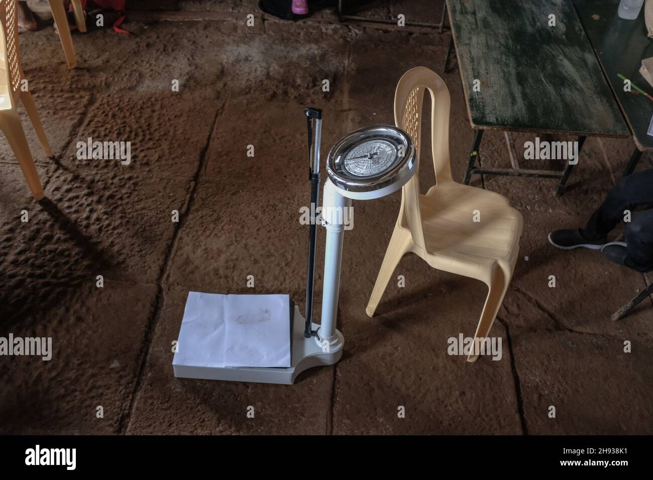 July 23, 2021, Nairobi, Kenya: A Height and Weight machine is seen during the event.Cerebral palsy is an abnormal development of brain tissue that affects children making them unable to control their muscles, this usually occurs before or mostly after a child is born. A group of Medical experts and massage therapists from The Action Foundation (T.A.F) came together to help and supports different families with young kids suffering from Cerebral Palsy. Since most families are not able to afford the high costs of medical services and therapies for their babies with disabilities, The Action Found Stock Photo