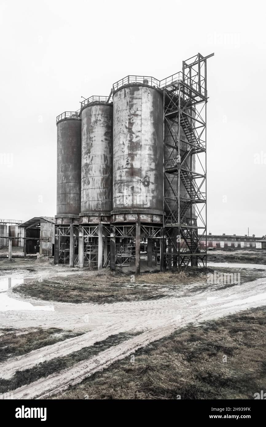 Fuel old chemical tank barrel oil in an industrial abandoned plant