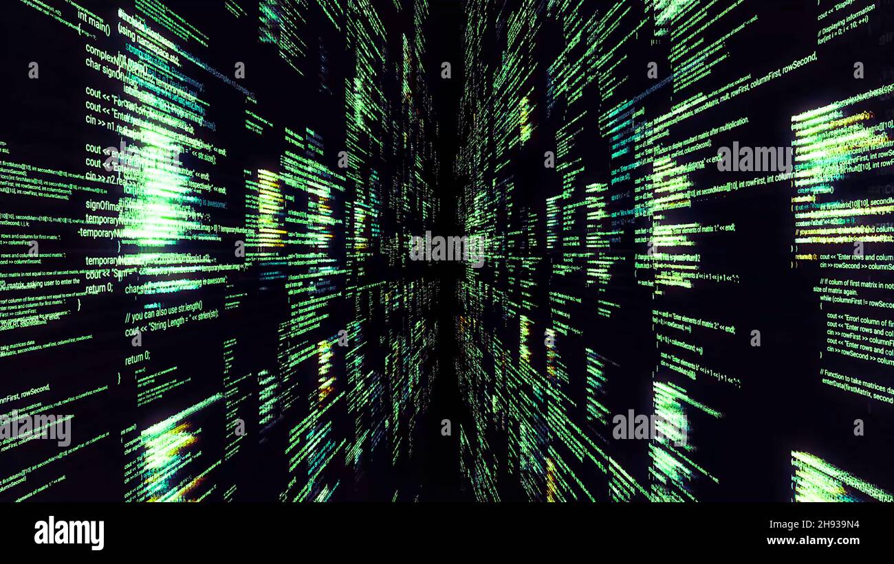 Source codes in cyberspace on black background. Animation. Inside ...