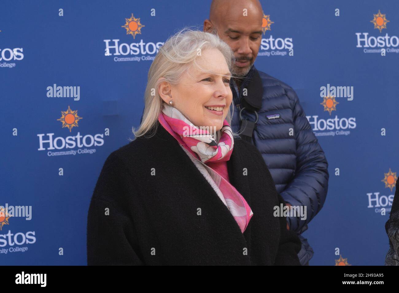 New York, USA. 03rd Dec, 2021. U.S. Senator Kirsten Gillibrand announces her legislation Enhance Access to SNAP Act in front of Hostos Community College. Legislation would expand Supplemental Nutrition Assistance Program (SNAP) benefit eligibility to all college students attending 2 and 4-year universities part-time or more who meet traditional SNAP income and other eligibility requirements. Senator was joined by CUNY Chancellor Felix Matos Rodriguez, Bronx Borough President Ruben Diaz Jr., Assembly Member Amanda Septimo, Hostos Community College President Dr. Daisy Cocco De Filippis, Hunger F Stock Photo
