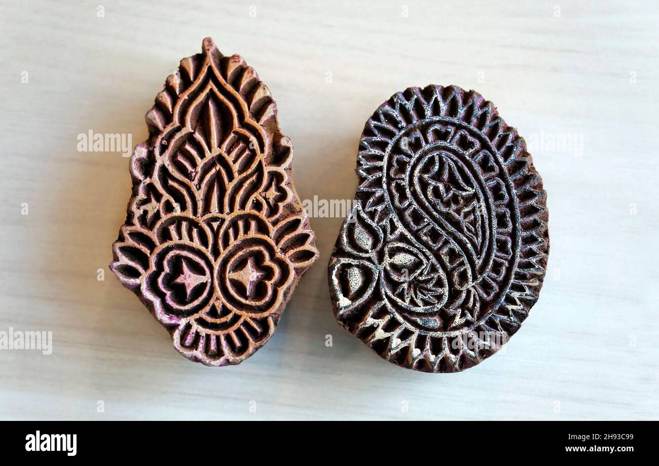 Set of 6 Indian Paisley and Leaf Motif Wood Block Stamps
