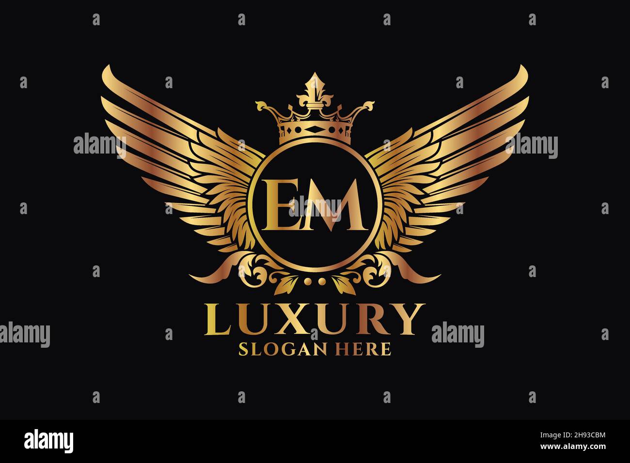 Luxury royal wing Letter EM crest Gold color Logo vector, Victory logo, crest logo, wing logo, vector logo . Stock Vector