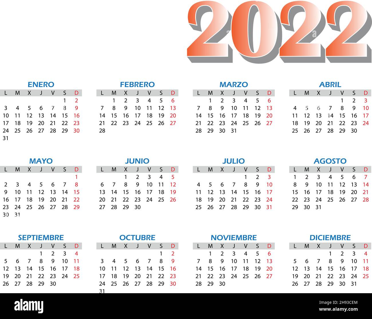 Calendar 2022 template. Blue, orange and black colors. Monthly design