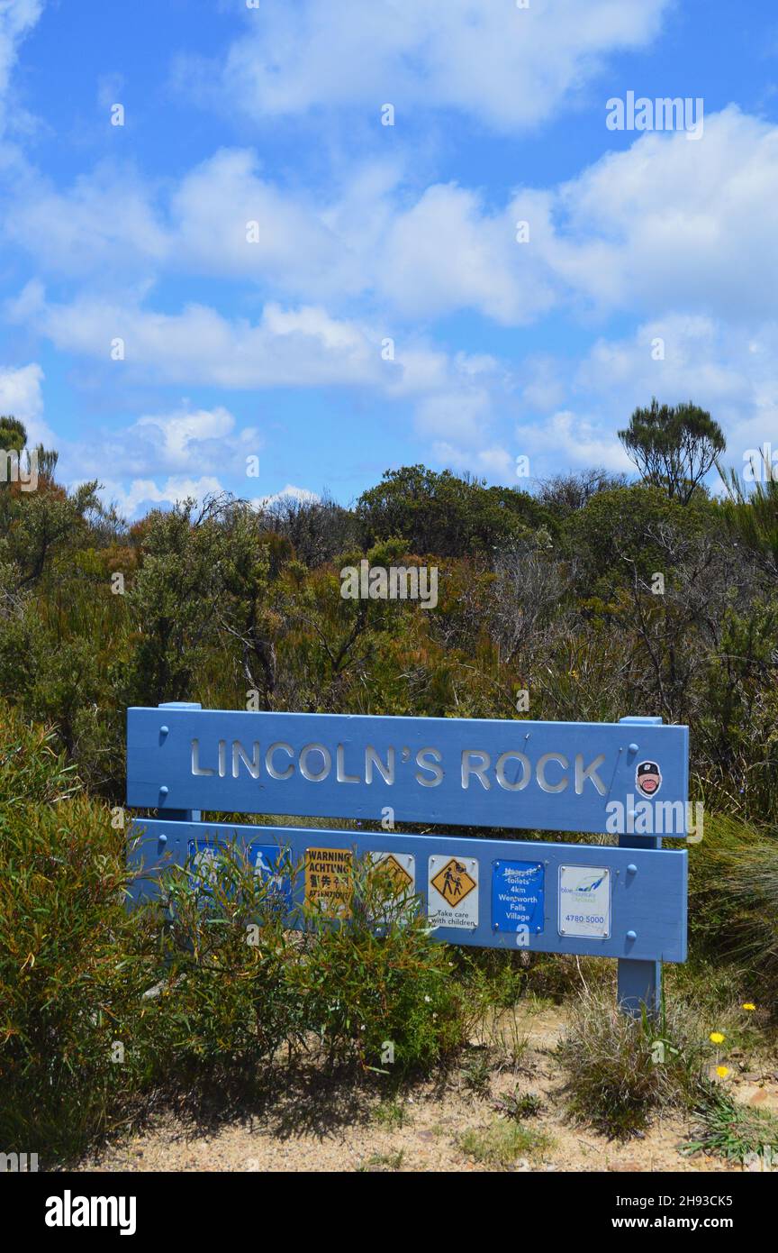 A blue street sign at Lincolns Rock in the Blue Mountains of Australia Stock Photo