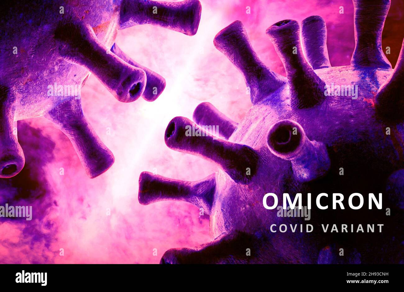 Omicron COVID-19 variant poster, purple banner with coronavirus germs and inscription. Concept of science, technology, virology, corona virus power, m Stock Photo