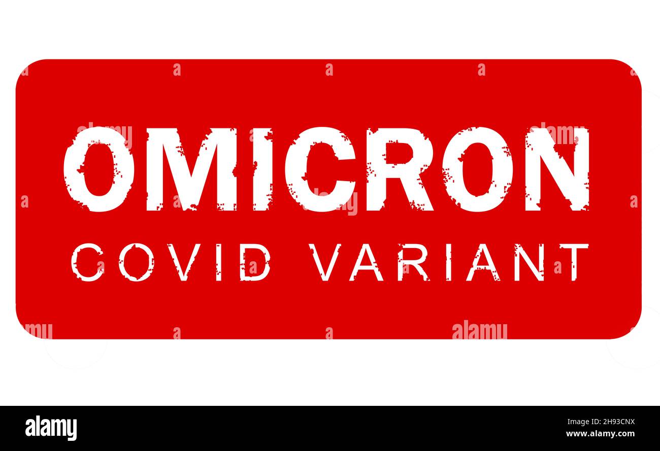 Omicron COVID-19 stamp banner isolated on white background, inscription icon and template for graphic design with corona virus pandemic theme. Red inf Stock Photo