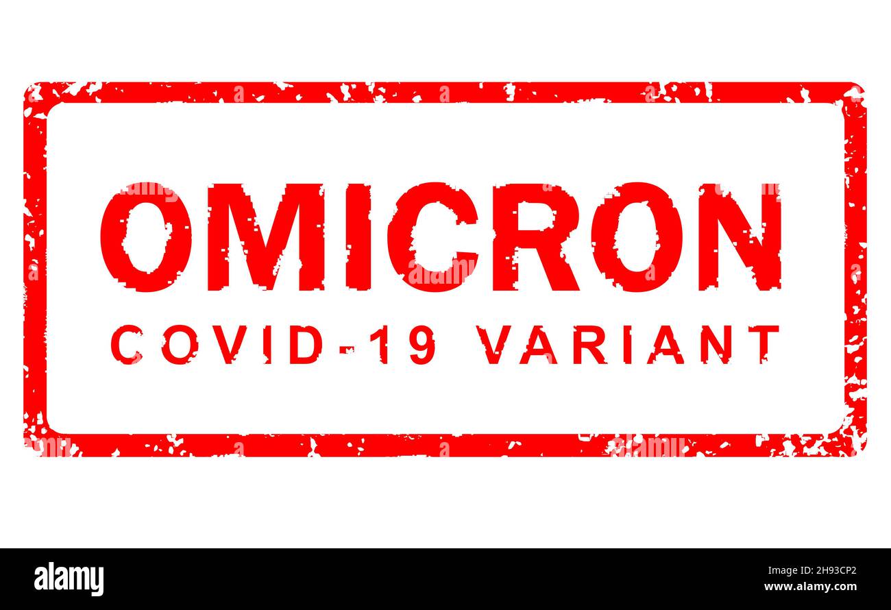 Omicron COVID-19 banner isolated on white background, rubber stamp with corona virus pandemic theme inscription. Red information warning sign, templat Stock Photo