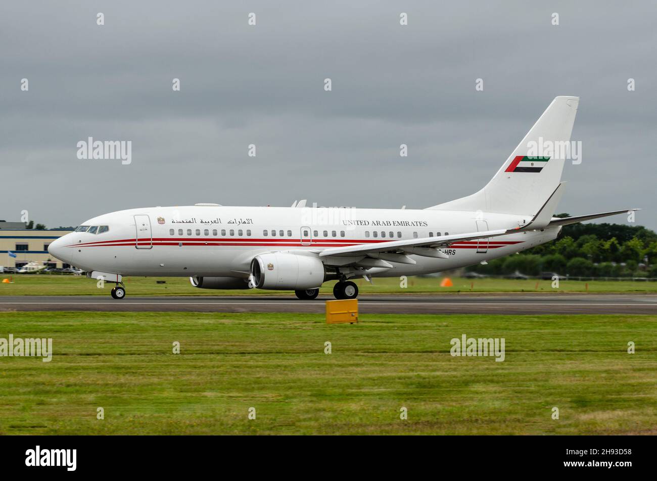 United Arab Emirates Government Boeing 737-7EO BBJ, Boeing 737-700 BBJ, airliner jet plane A6-HRS, at Farnborough Airport, UK. UAE VIP transport Stock Photo