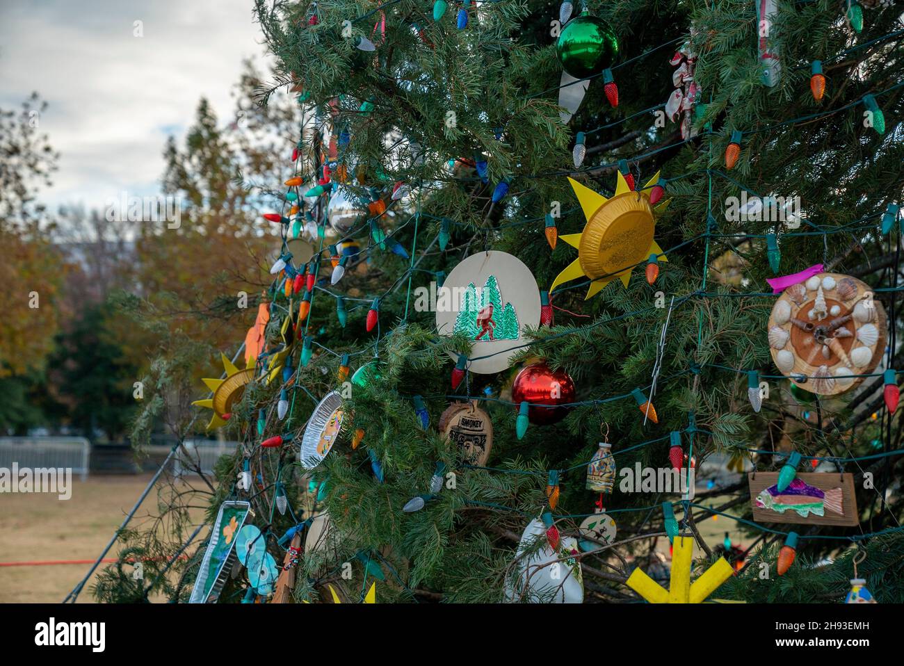 Washington, United States of America. 01 December, 2021. The U.S Capitol Christmas tree decorations including a Big Foot ornament before the lighting ceremony on the West Lawn of the Capitol December 1, 2021 in Washington, DC. The tree is an 84-foot tall White Fir from the Six Rivers National Forest in California.   Credit: Tanya E Flores/USFS/Alamy Live News Stock Photo