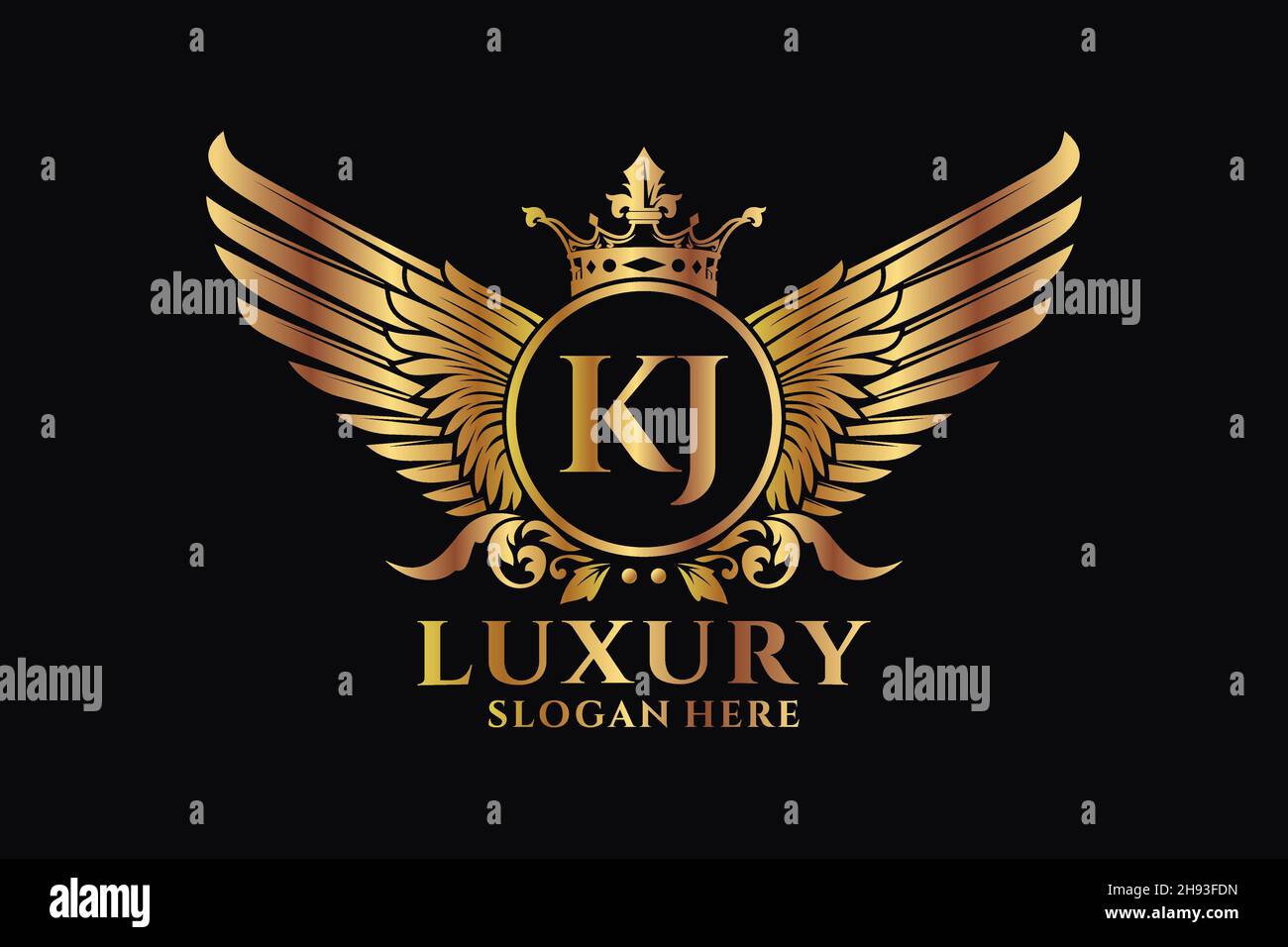 Luxury royal wing Letter KJ crest Gold color Logo vector, Victory logo, crest logo, wing logo, vector logo . Stock Vector