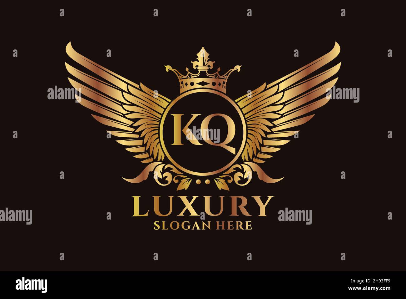 Luxury royal wing Letter KQ crest Gold color Logo vector, Victory logo, crest logo, wing logo, vector logo . Stock Vector