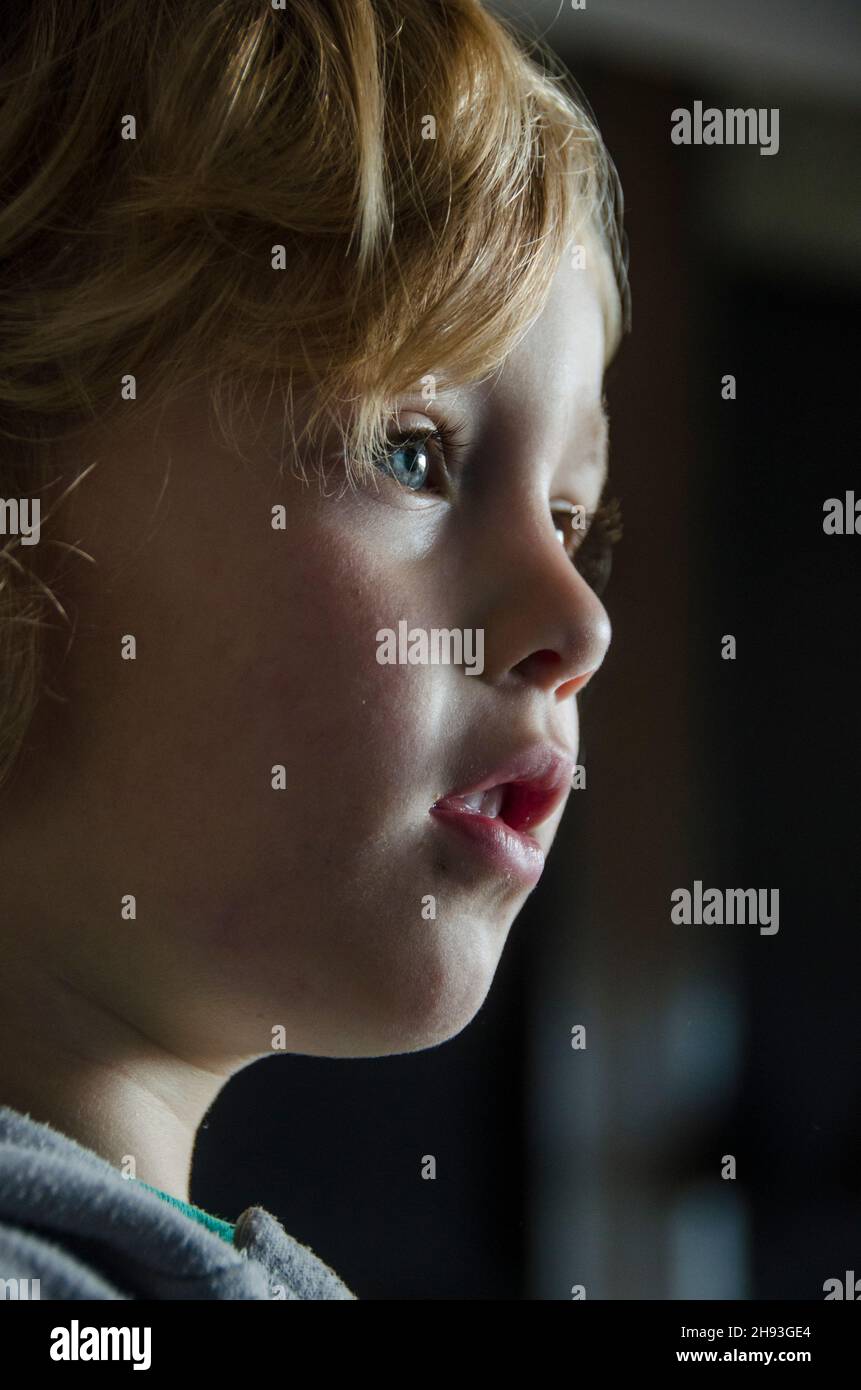 A 3-and-a-half year old boy, with long blond hair. Stock Photo
