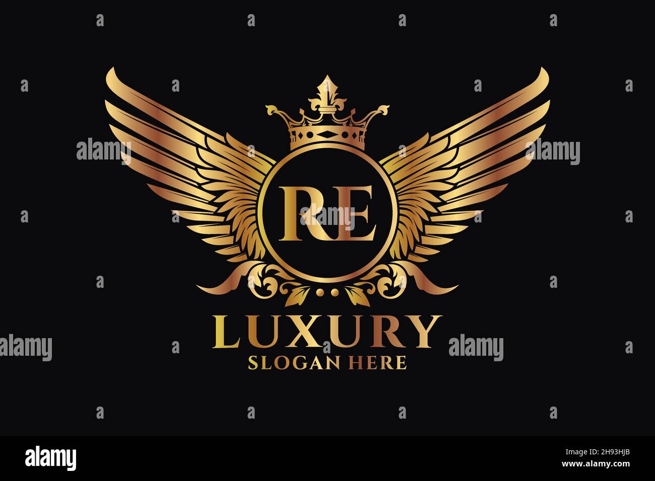 Luxury royal wing Letter RE crest Gold color Logo vector, Victory logo, crest logo, wing logo, vector logo . Stock Vector