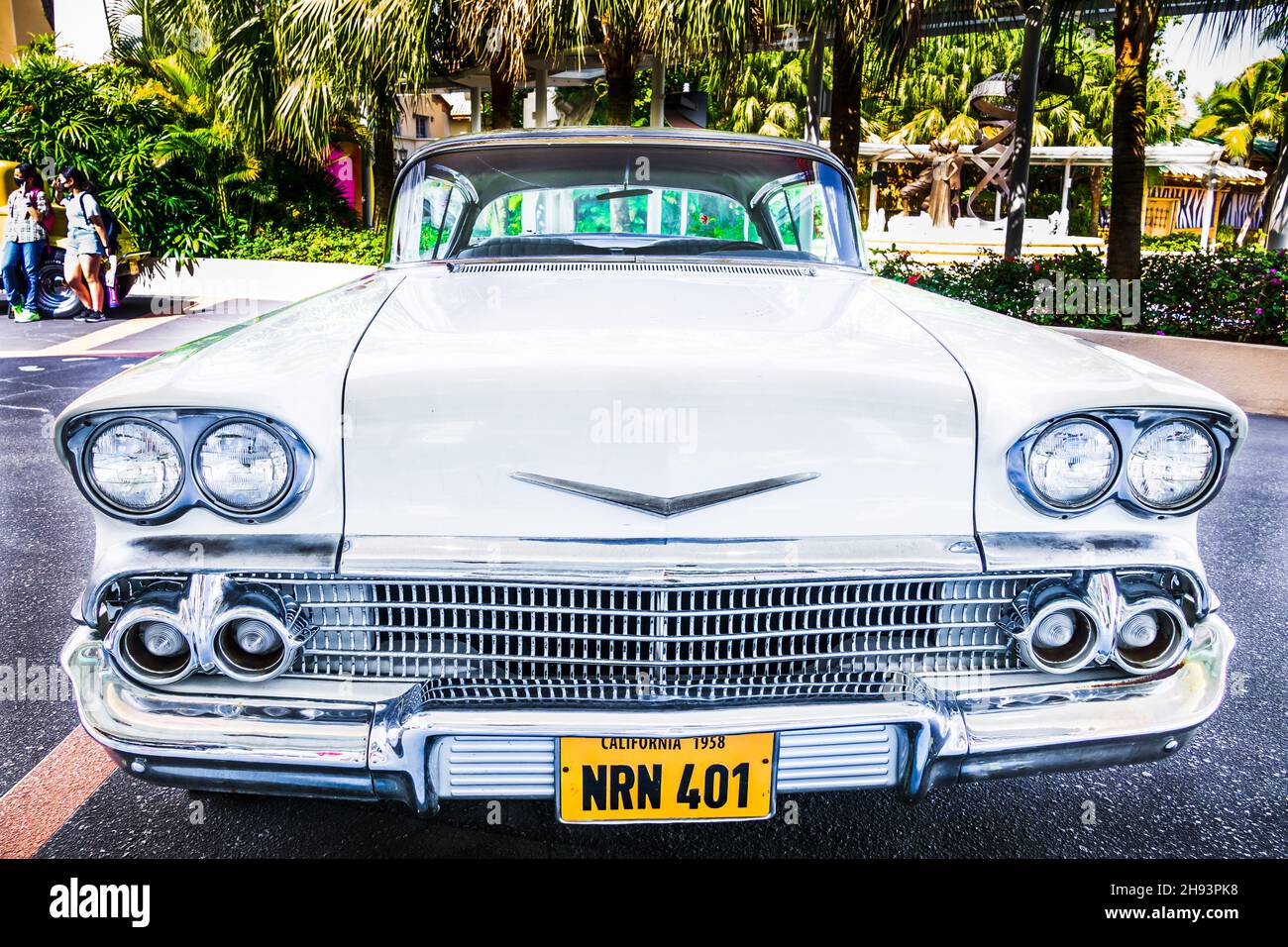 Beautiful front view of an antique white car in Universal Studios