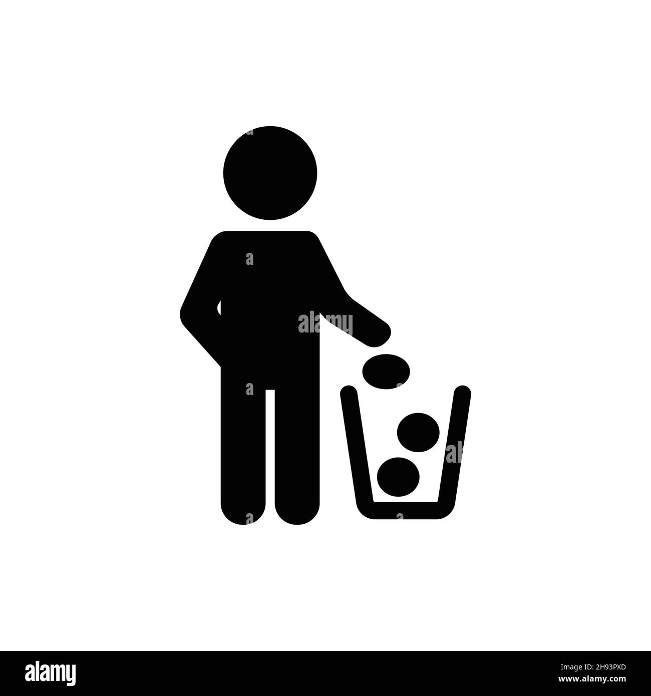 Keep clean icon. Do not litter sign. Silhouette of a man, throwing garbage in a bin, isolated on white background. No littering symbol in square. Publ Stock Vector