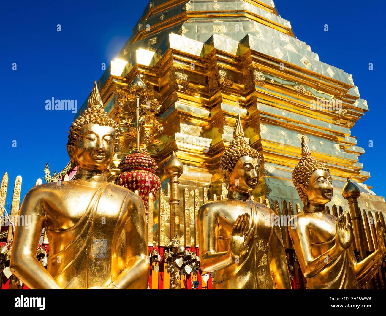 golden Buddhas, Wat Phra That Doi Suthep, Chiang Mai, Thailand, Asia Stock Photo