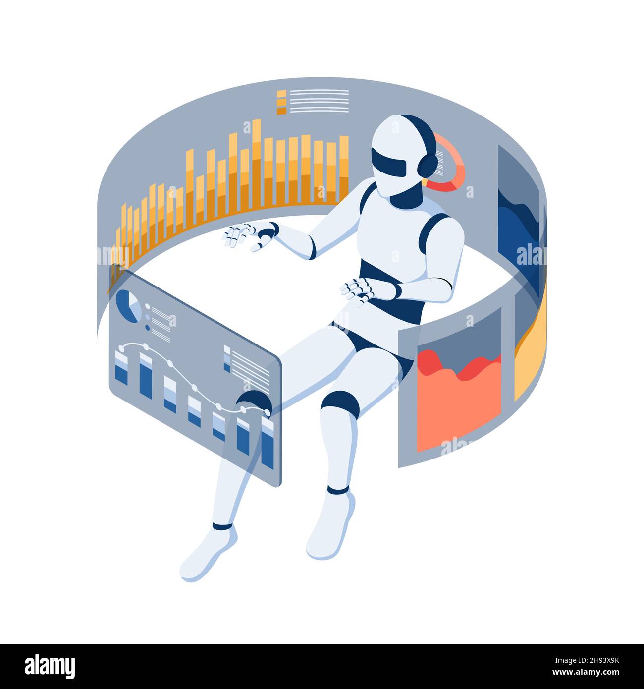 Flat 3d Isometric Ai Robot Floating and Analyse Virtual Business Graph Chart. Data Analysis and Artificial Intelligence Concept. Stock Vector