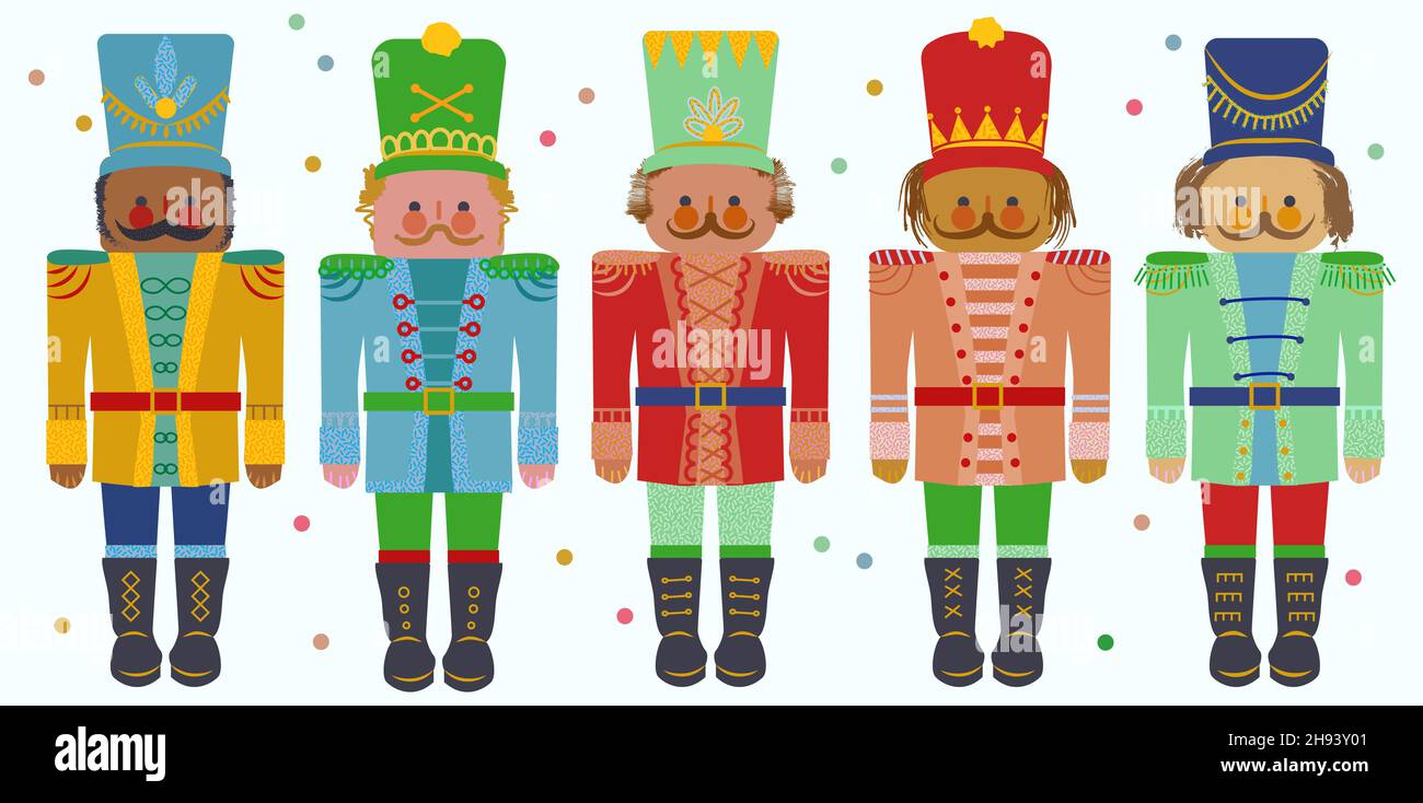 vector nutcracker soldier flat image illustration design set Classic Christmas cartoon style five gift wooden puppet army decoration toy. Stock Vector