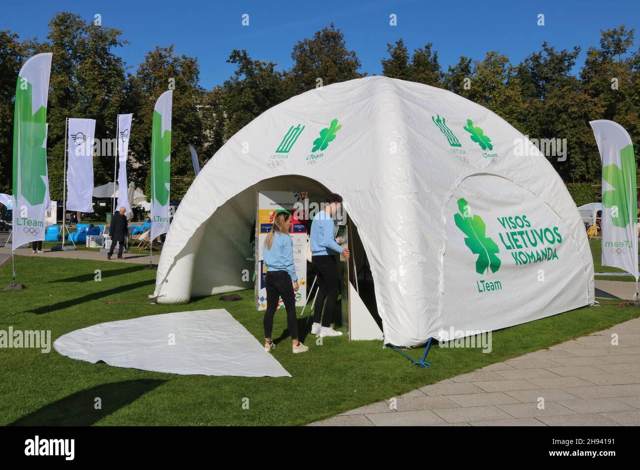 VILNIUS, LITHUANIA - SEPTEMBER 09, 2021: Information point of the Lithuanian Olympic team at the celebration dedicated to the capital of the republic Stock Photo