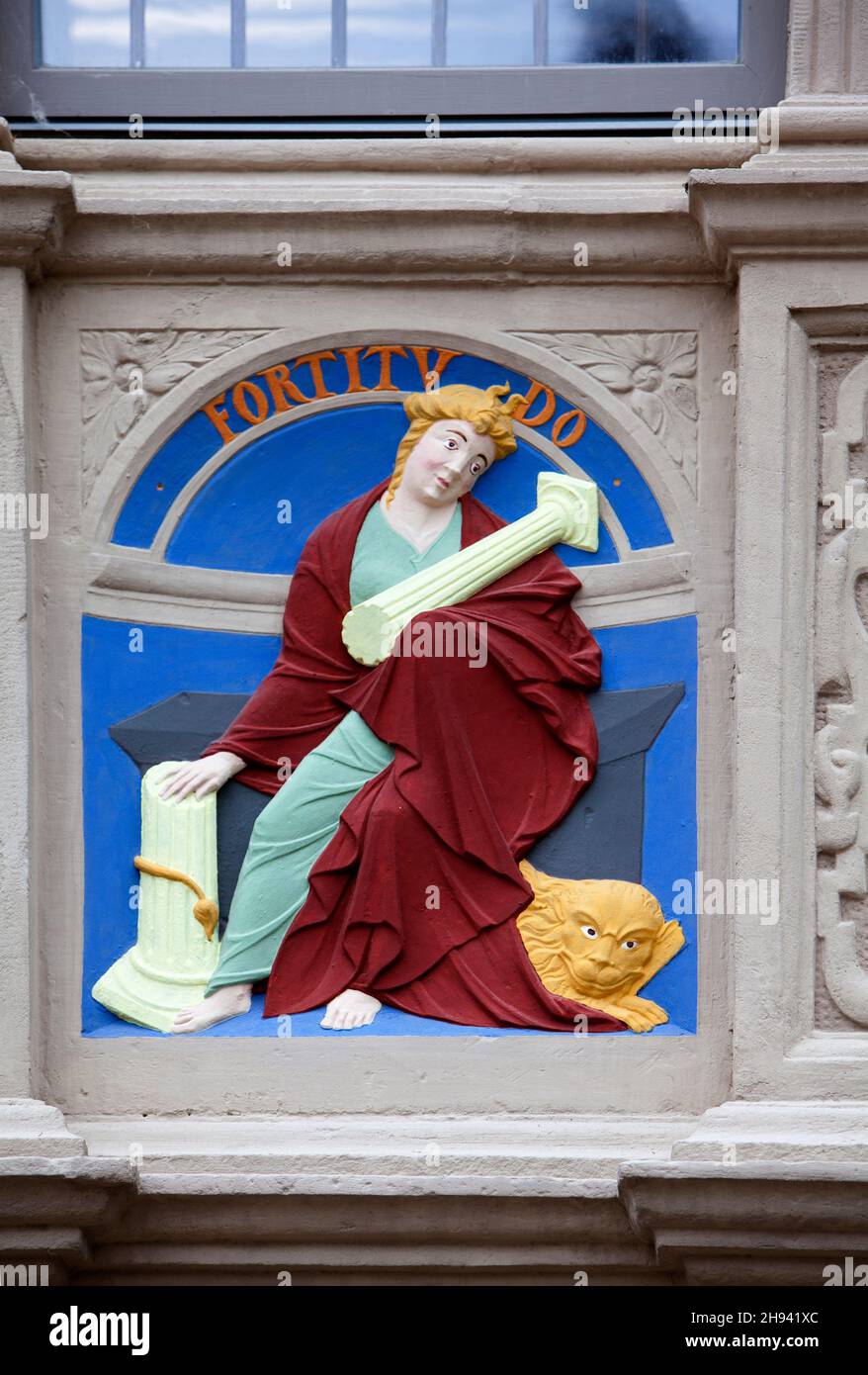 Fortitudo, Lain for bravery, decoration of the facade, Hexenbürgermeisterhaus, Lemgo, North Rhine-Westphalia, Germany, Europe Stock Photo