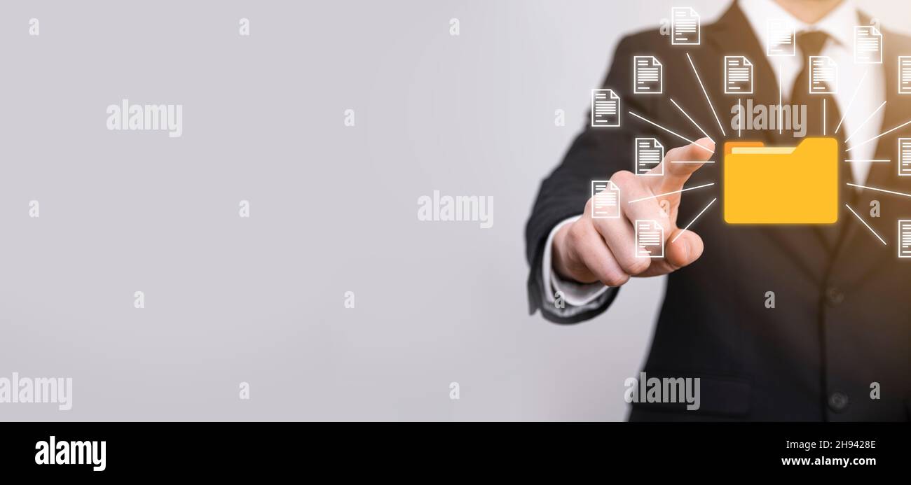 Document Management System DMS .Businessman hold folder and document ...