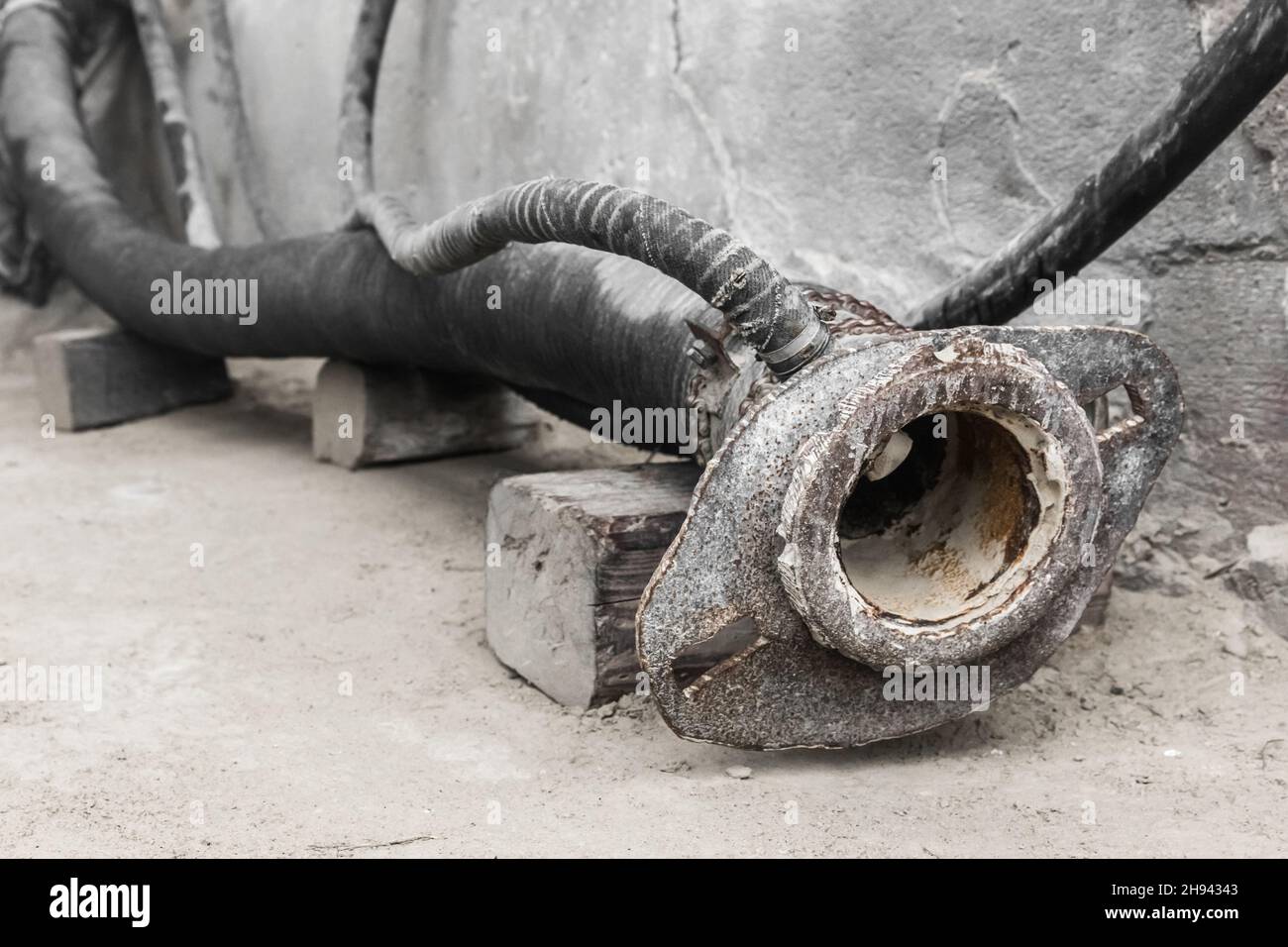 Old pipeline for draining and filling tanks, pump pipe in an industrial plant. Stock Photo