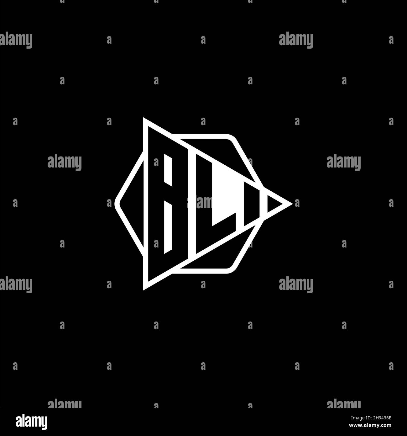 BL Monogram logo letter with triangle play button shape hexagonal rounded. Triangle circle monogram logo, triangle shield logo letter. Stock Vector