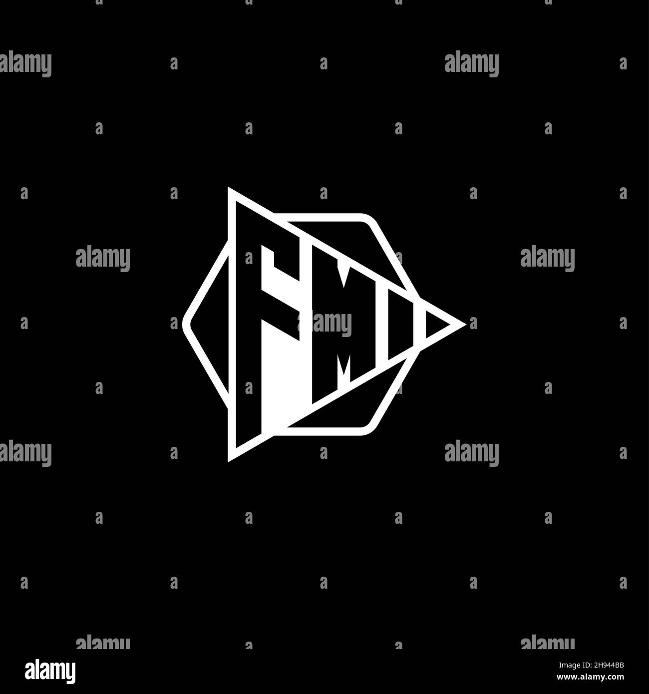 FM Monogram logo letter with triangle play button shape hexagonal rounded. Triangle circle monogram logo, triangle shield logo letter. Stock Vector