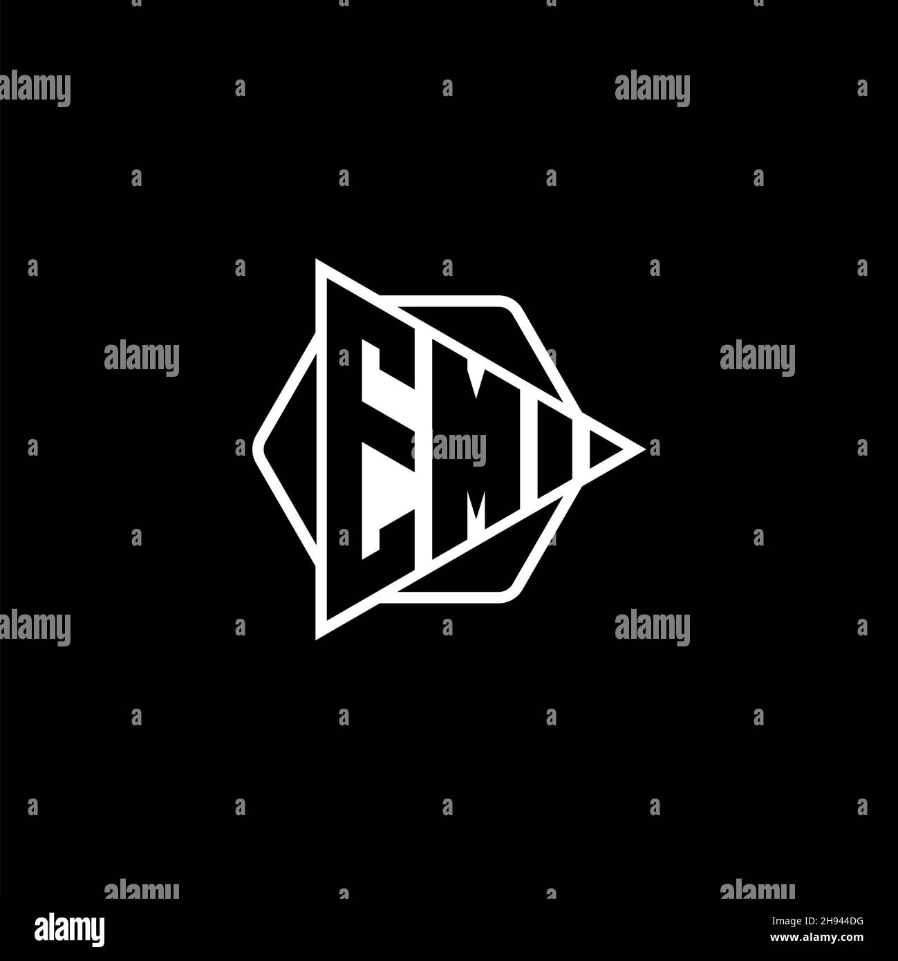 EM Monogram logo letter with triangle play button shape hexagonal rounded. Triangle circle monogram logo, triangle shield logo letter. Stock Vector