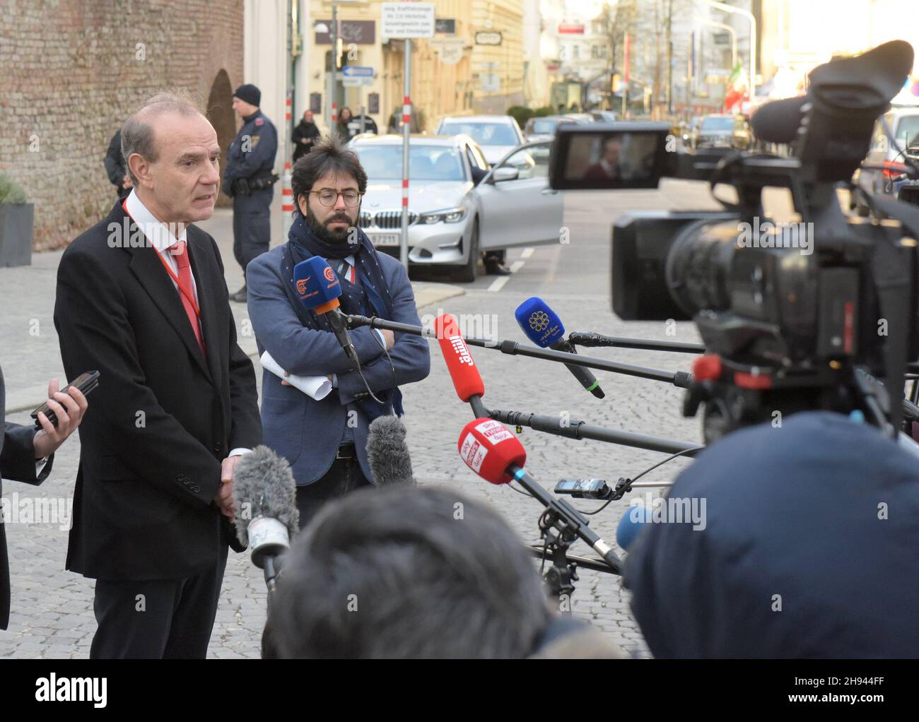 Vienna, Austria. 3rd Dec, 2021. Enrique Mora, deputy secretary-general of the European External Action Service, speaks to reporters after a meeting of the Joint Comprehensive Plan of Action (JCPOA) Joint Commission in Vienna, Austria, on Dec. 3, 2021. Credit: Guo Chen/Xinhua/Alamy Live News Stock Photo