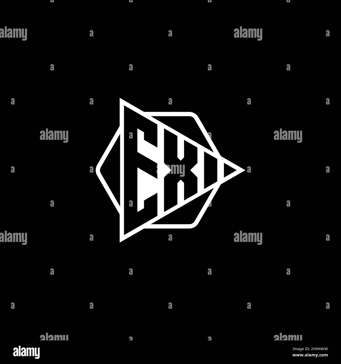 EX Monogram logo letter with triangle play button shape hexagonal rounded. Triangle circle monogram logo, triangle shield logo letter. Stock Vector