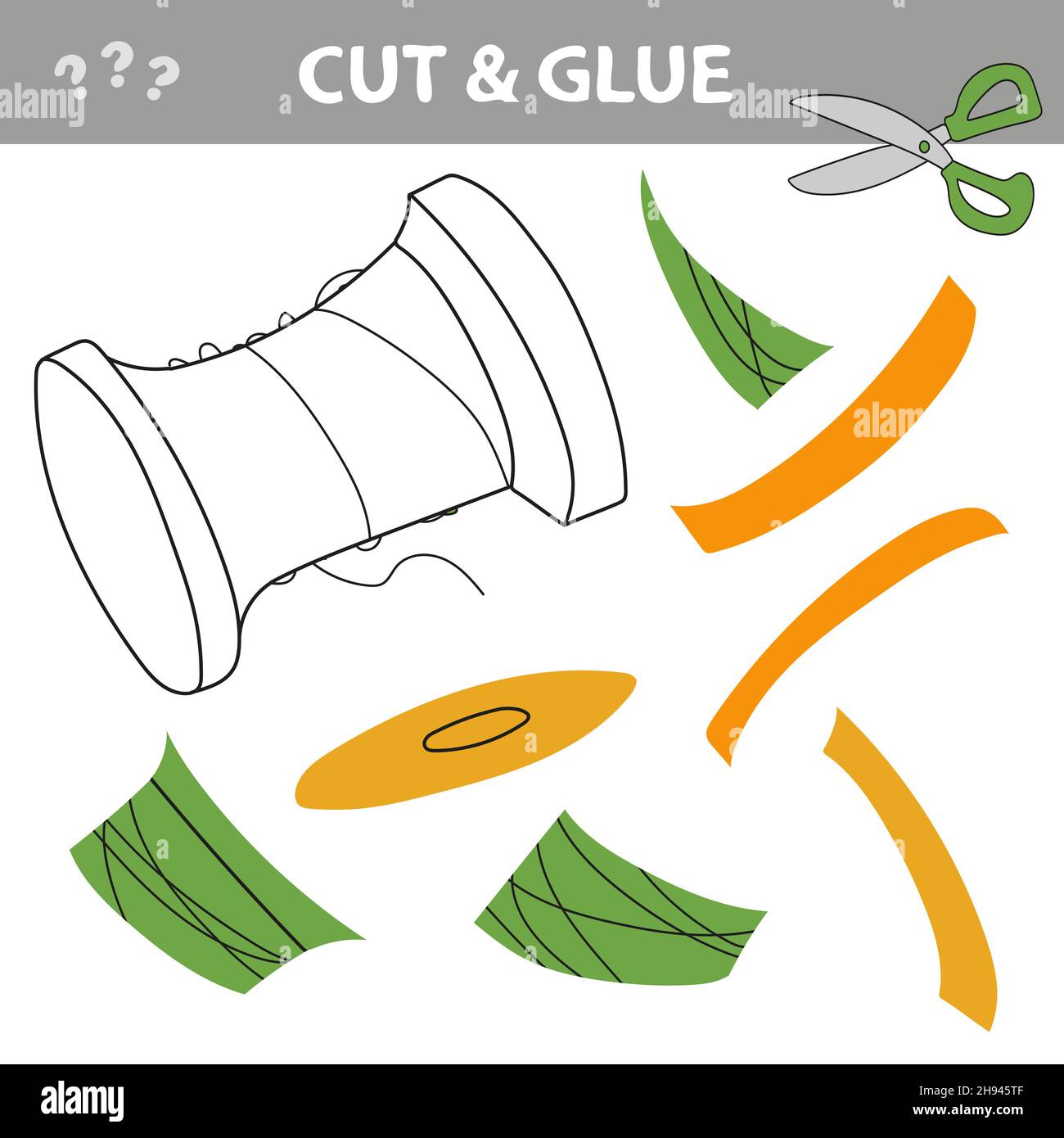 Cut and glue Simple game for kids. Needle with thread and spool. Restore the picture inside