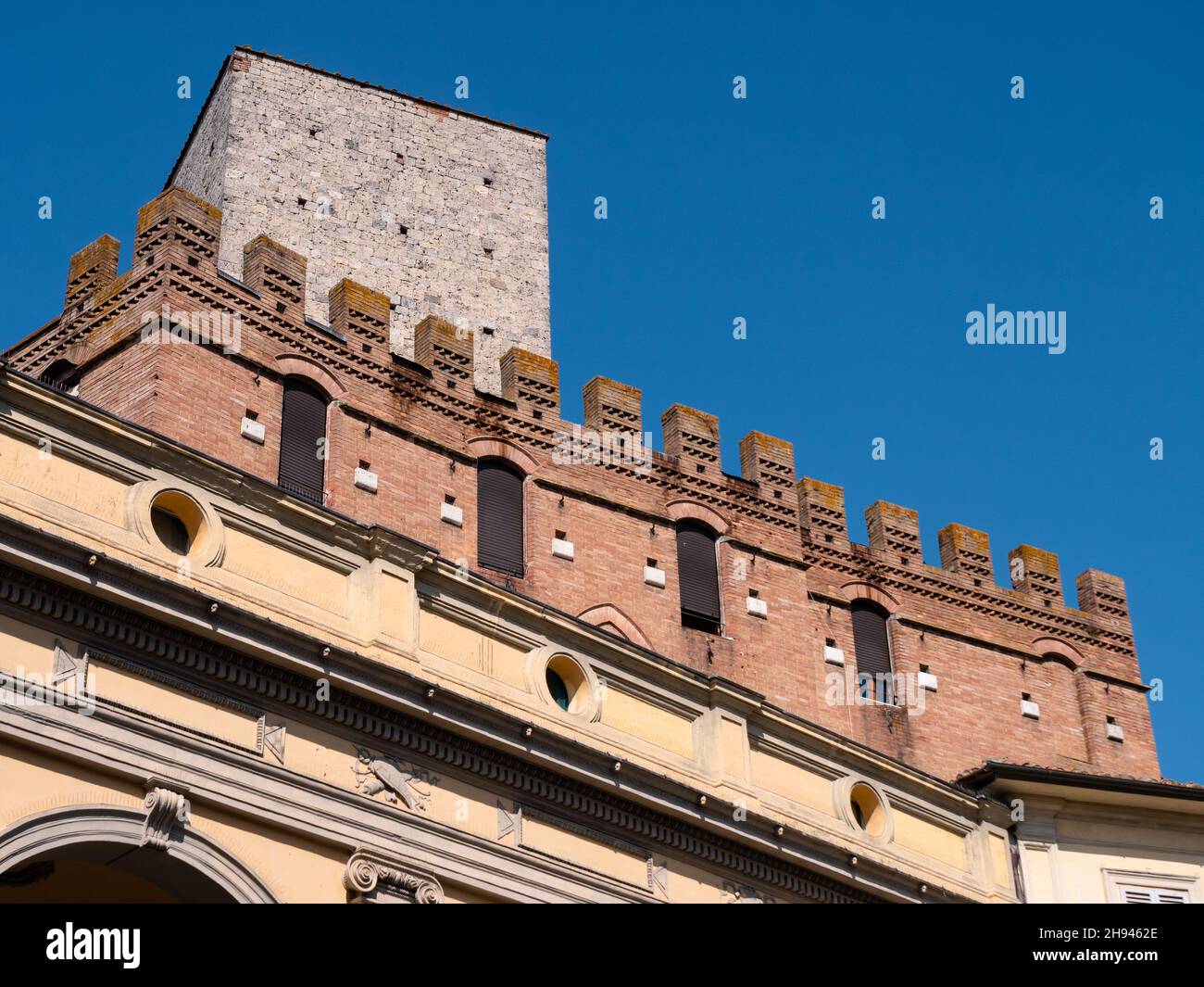 Loggia and Tower of the Palazzo Ballati on Piazza Indipendenza, Siena, Tuscany, Italy Stock Photo