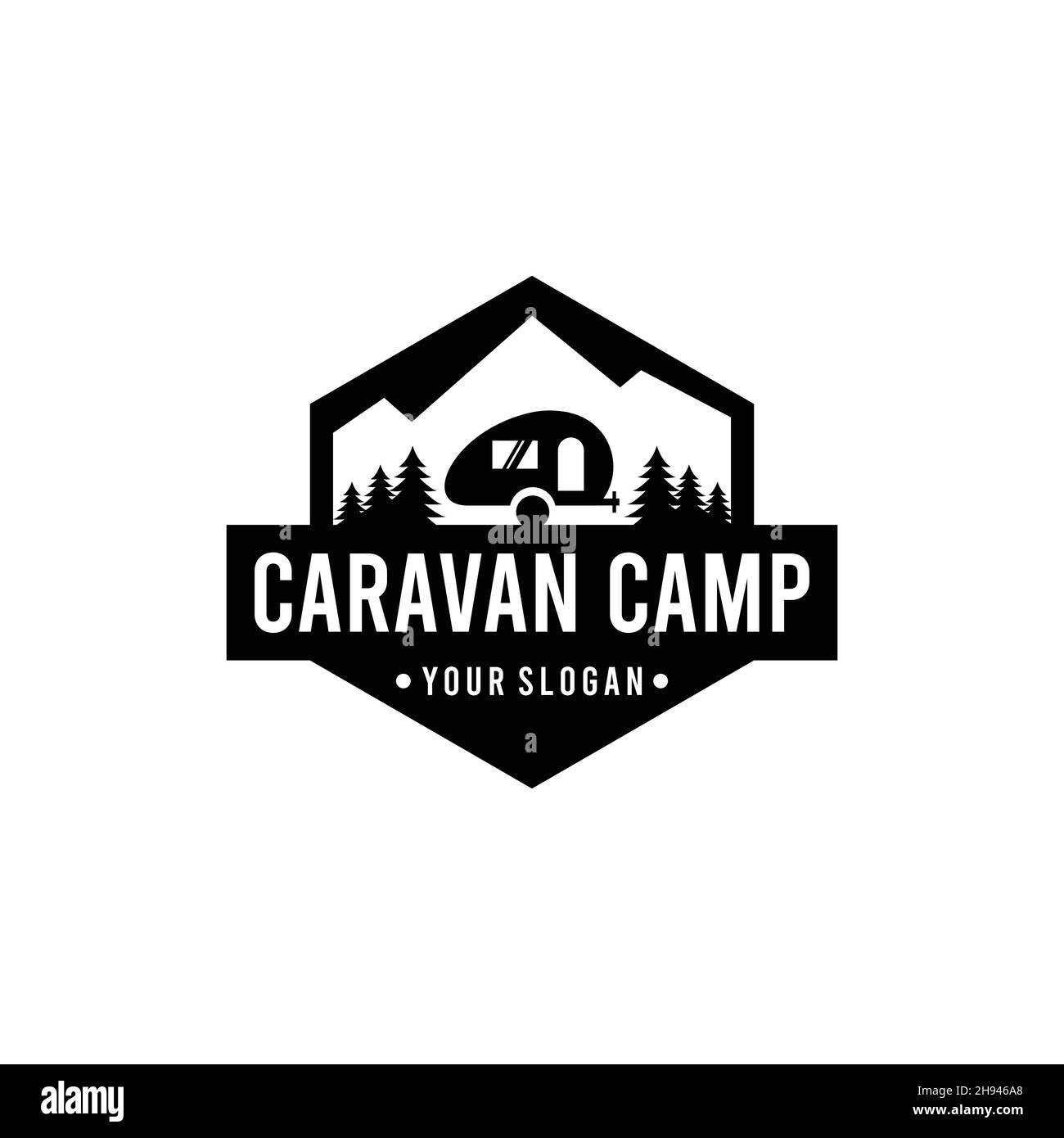 vintage CARAVAN CAMP silhouette car logo design Stock Vector