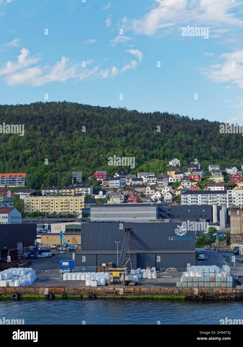 The GC Rieber Office and Warehouse in the Port of Bergen with a full Yard of Stores ready for dispatch to the Maritime Industry. Stock Photo