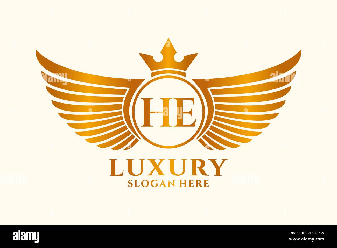 Luxury royal wing Letter HE crest Gold color Logo vector, Victory logo, crest logo, wing logo, vector logo . Stock Vector