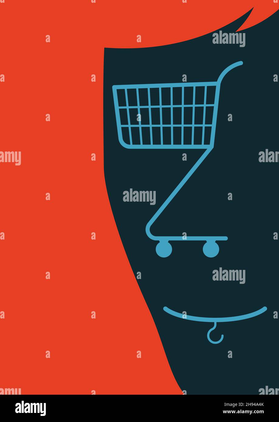 Human face with a shopping cart as a nose and clothes hanger as a mouth. Shopaholism concept illustration. Stock Photo