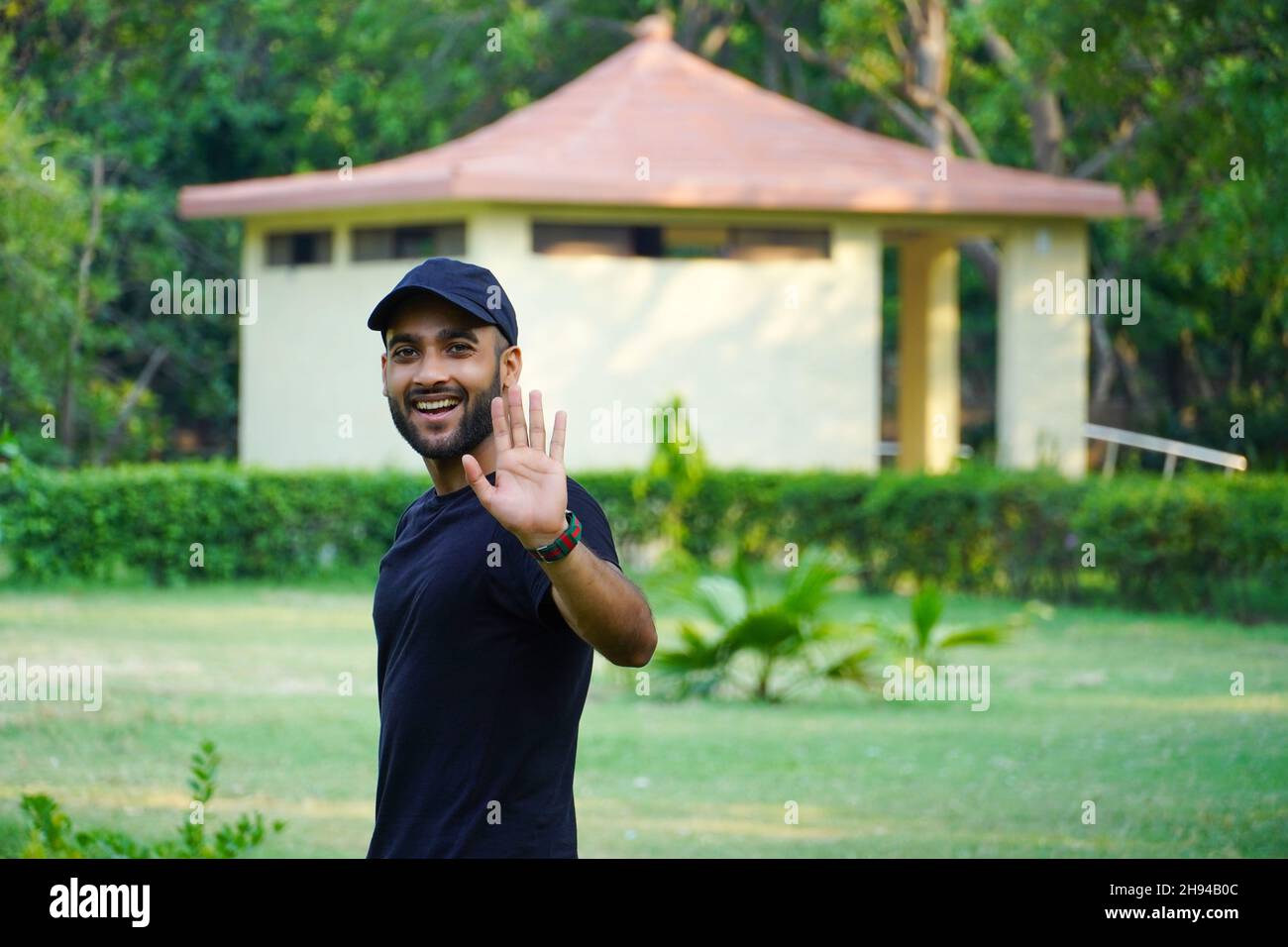 a man bought a new house and happy saying hi Stock Photo - Alamy