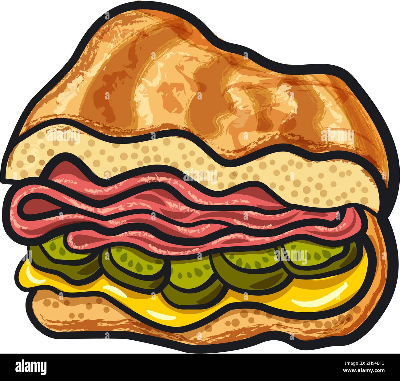 Illustration of the cuban sandwich with ham, cheese and cucumbers Stock Vector