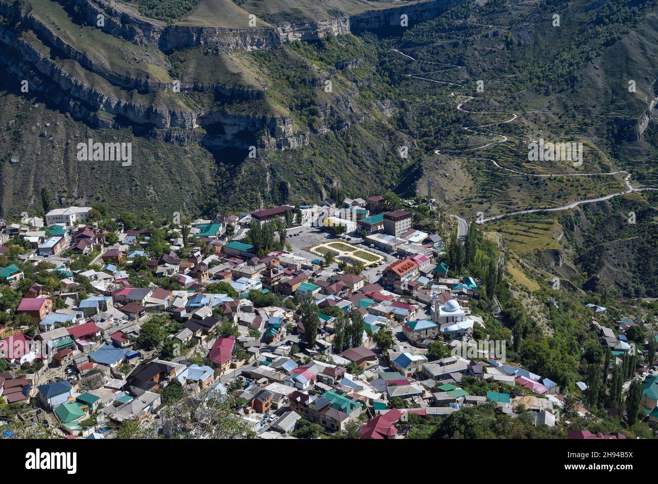 Top view of the mountain village of Gunib on a sunny September day. Dagestan, Russian Federation Stock Photo