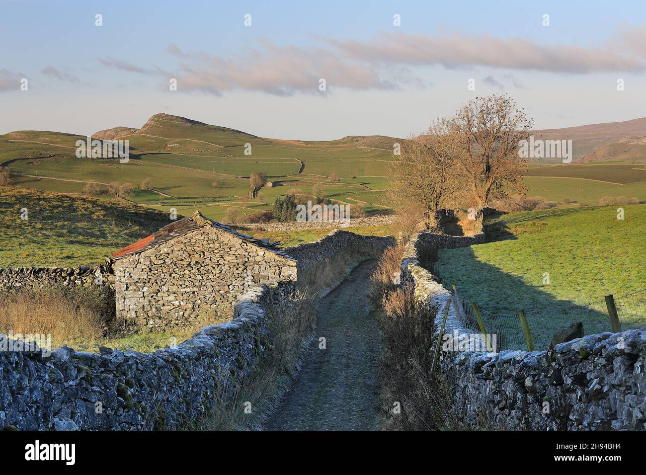The view towards Smearsett Scar from Goat Scar Lane, above the village of Stainforth, in Ribblesdale, Yorkshire Dales National Park, UK. Stock Photo