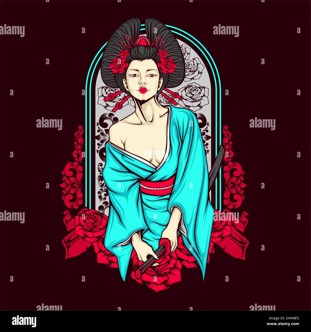 samurai geisha illustration with awesome background Stock Vector