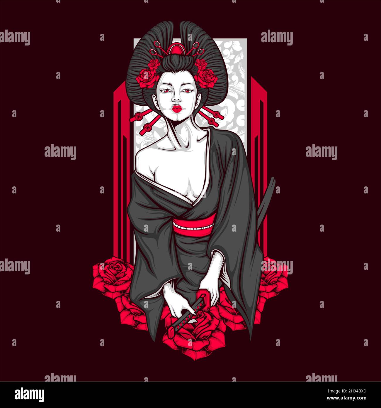 samurai geisha illustration with awesome background Stock Vector